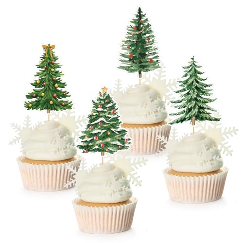 Whaline 48Pcs Christmas Tree Cupcake Toppers 4 Designs Watercolor Cake