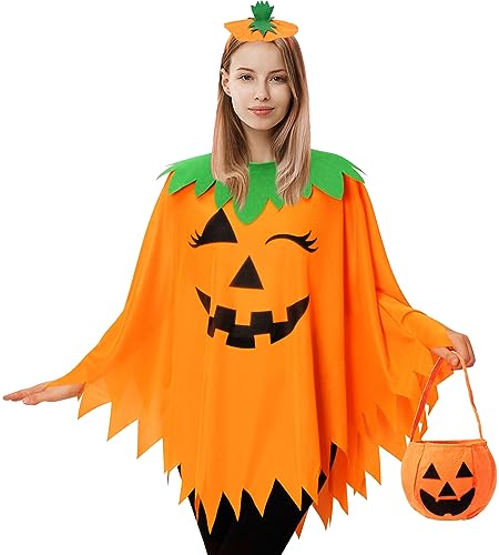 KOFECIT 3PCS Halloween Pumpkin Poncho for Women,Pumpkin Cape Costume with