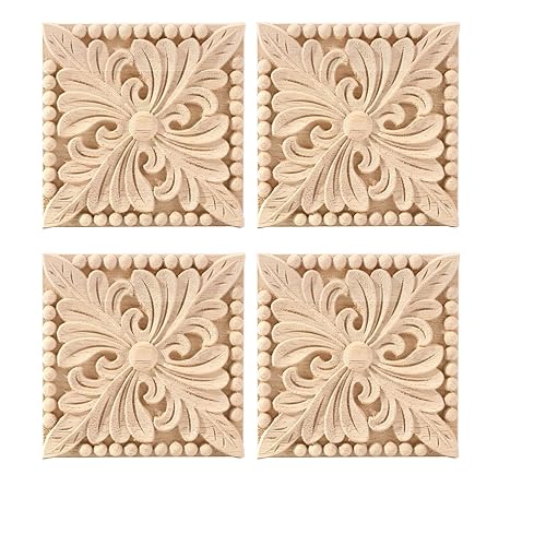 4PCS Wooden Carved Appliques Onlays Carving Checkered Applique Wood Square