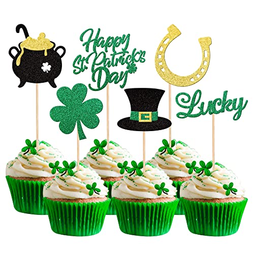 24 PCS Happy St Patrick's Day Cupcake Toppers Glitter Shamrock