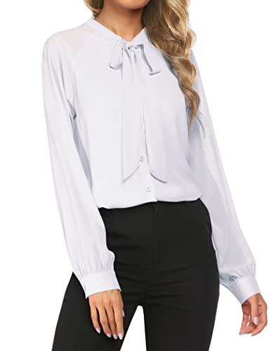 ACEVOG Women's Bow Tie Neck Long Sleeve Shirt Blouse Tops,1white,Medium