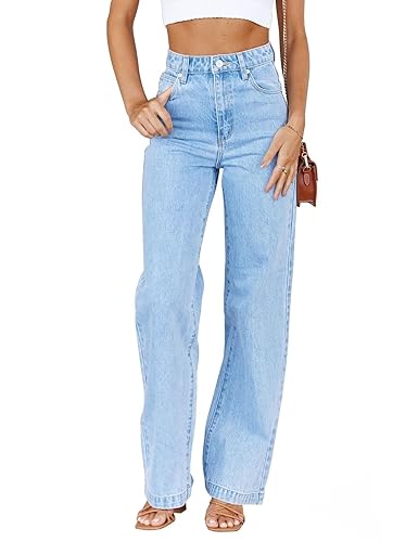 Womens Jeans Mid Waisted Straight Leg Loose Stretchy Lightweight Tummy