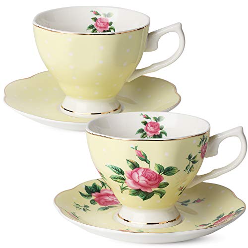 BTaT- Floral Tea Cups and Saucers, Set of 2, 8oz,