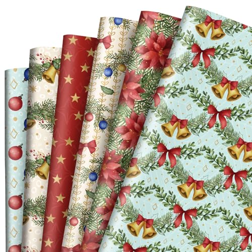 Whaline 12Pcs Christmas Wrapping Paper Watercolor Holly Bell Gift Wrap