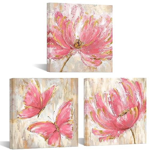iKNOW FOTO 3 Pieces Pink Flower and Butterfly Canvas Prints
