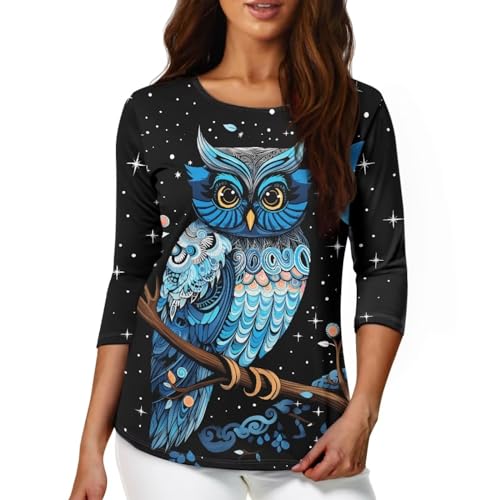 ZOUTAIRONG Galaxy Owl 3/4 Sleeve Tops for Women Fall Outfits