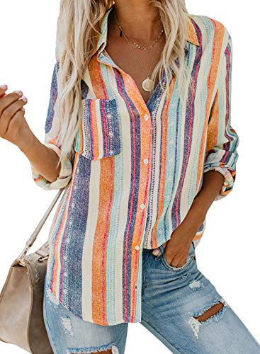 Astylish Women Loose Fit Long Sleeve Collared Striped Tunic Blouse