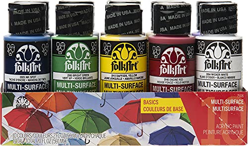 FolkArt Color, 10 Bottle Multi-Surface Acrylic Paint Set, 2oz, Basics