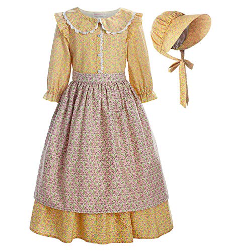 ReliBeauty Pioneer Girl Costume Colonial Prairie Dress Yellow, 8(140)