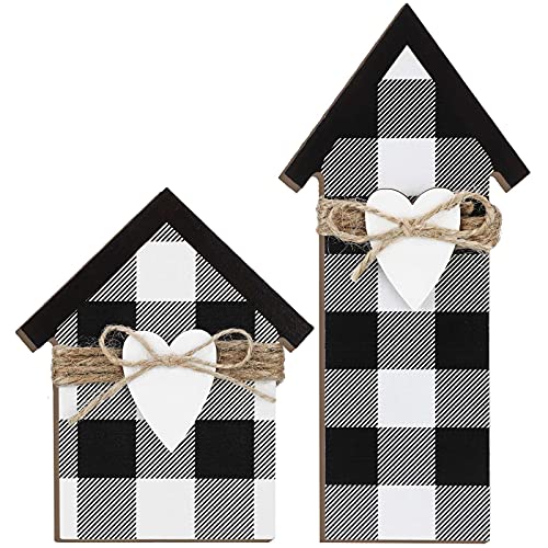 2 Pieces Buffalo Plaid Decor Wooden House Shaped Block Sign,