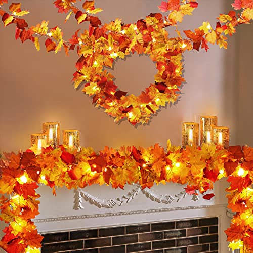 2 Pack Fall Decor Maple Leaves Garland with Lights Battery