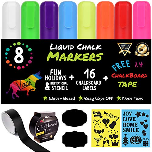 Vaci 8 Multicolored Liquid Chalk Markers with Tape, Stencils &