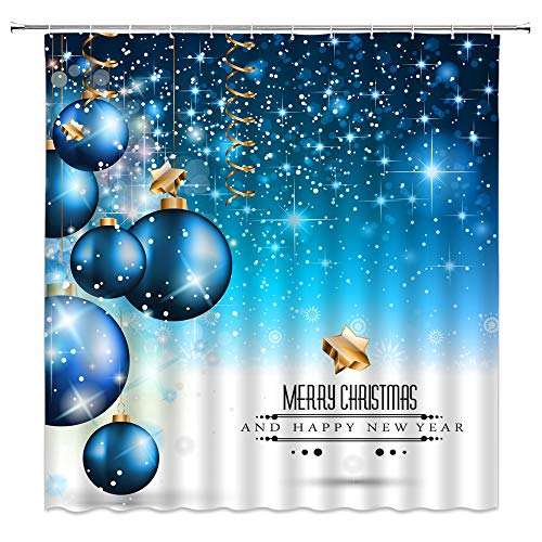 XZMAN Christmas Shower Curtain Blue Christmas Balls and Dream Background