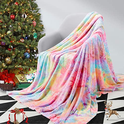 Elegear Rainbow Throw Girls Blanket, Unique Tie-dye Flannel Blanket Super