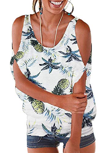 Miselon Pineapple Print Simple Cold Shoulder Blouse Batwing Sleeve T-Shirt