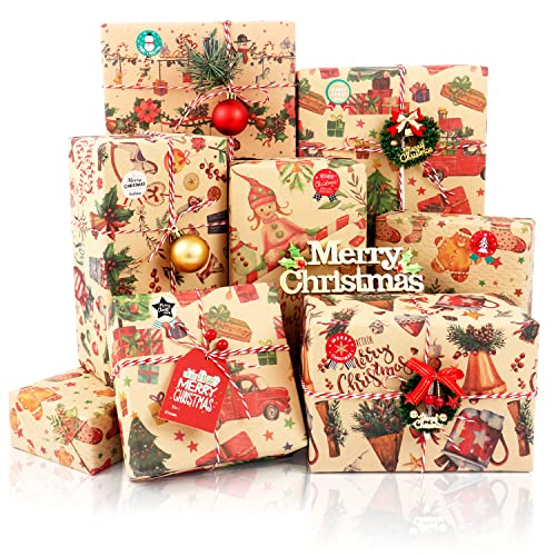 MAMUNU Christmas Wrapping Paper, 8 Sheets Thick Kraft Gift Wrapping