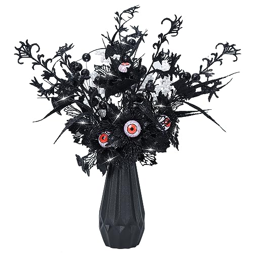 Shitailu 4 Pcs Artificial Black Halloween Glitter Flowers, Bat, Devil's