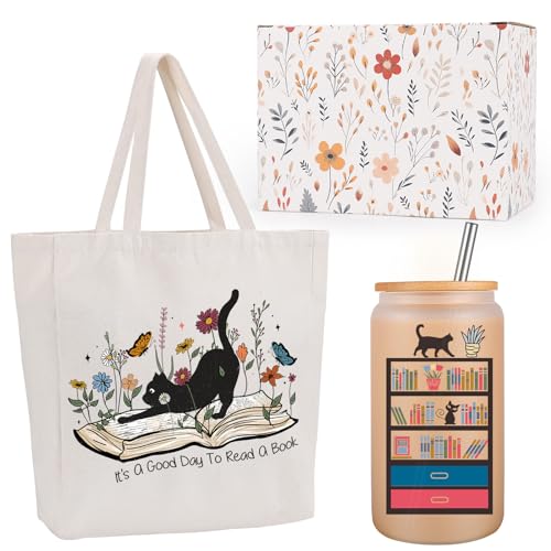 Miracu Cat Lovers, Book Lovers Gifts for Women, Canvas Tote