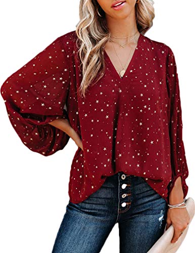 Womens Lartern Sleeve Loose Fit V Neck Floral Blouses Chiffon