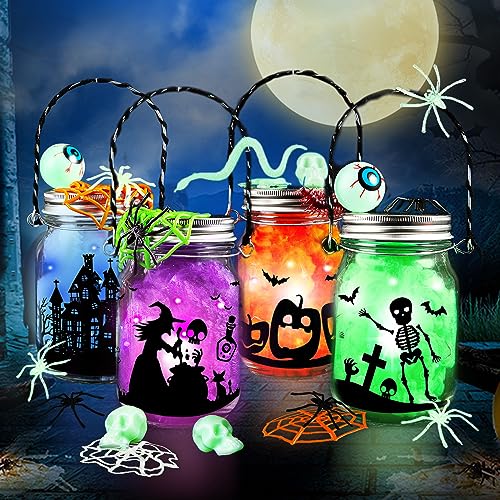 Halloween Craft Kit for Kids, 4 pcs Glass Mason Jar