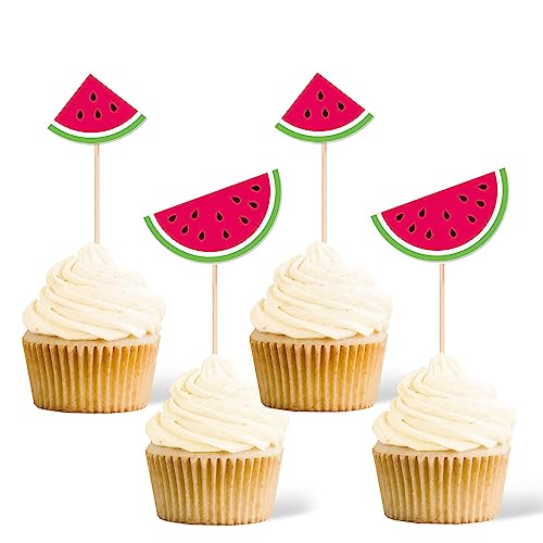Gexolenu 24 Pcs Watermelon Cupcake Toppers Glitter Fruit Theme Summer