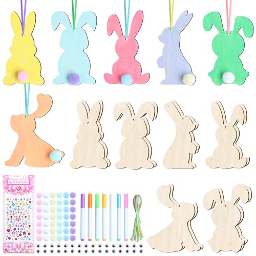 BAPHILE 30pcs Easter Unfinished Wood Bunny Cutouts with Felt Balls