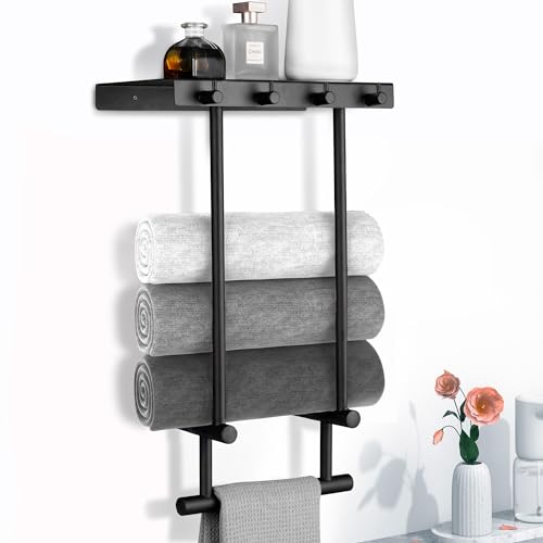 Romise Wall Mounted Towel Rack with Metal Shelf & 4