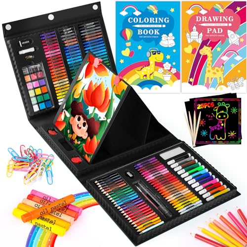 276 Pcs Art Supplies Drawing Art Kit for Kids Adults Set with Double Sided Trifold Easel Box with Oil Pastels, Crayons, Colored Pencils, Paint Brush