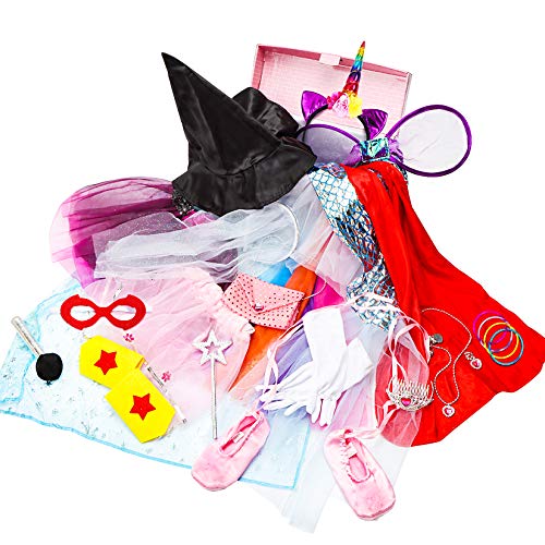Toiijoy Girls Dress up Trunk,Princess,Fairy,Mermaid,Ballerina,Bride,Pop Star,Witch,Hero Costume for Little Girls