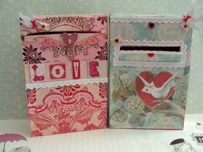 Valentines Day Mailboxes DearCreatives.com Theresa Huse 2012-00140 Valentine's Day mailboxes - love and romantic - decorated with pretty scrapbook papers and embellishments. DearCreatives.com