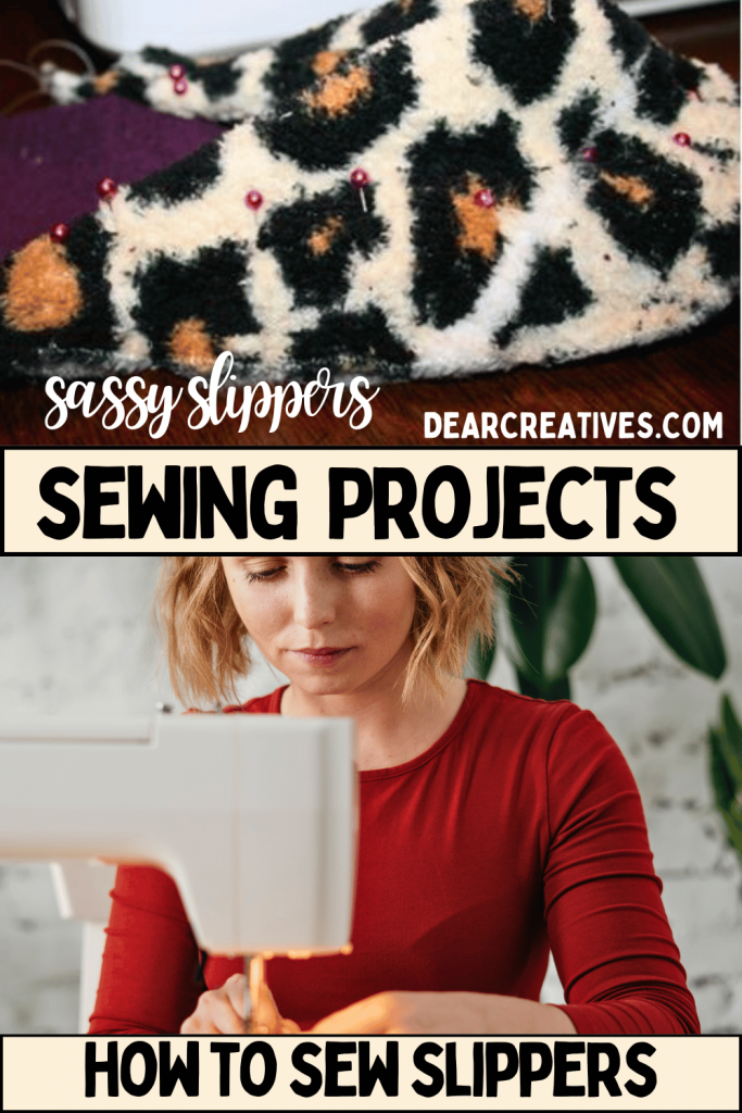 DIY sassy slippers sewing tutorial step by step images of Pinned fabric pieces for sewing sassy slippers with foam inserts and a woman sewing. Sewing Sassy Slippers DearCreatives.com