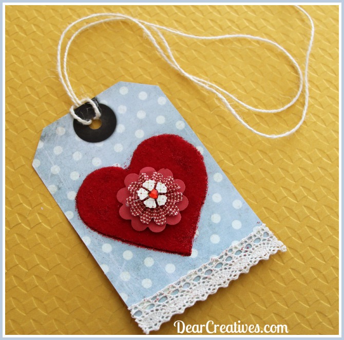 Blue Gift Tag with red heart cotton lace string ties