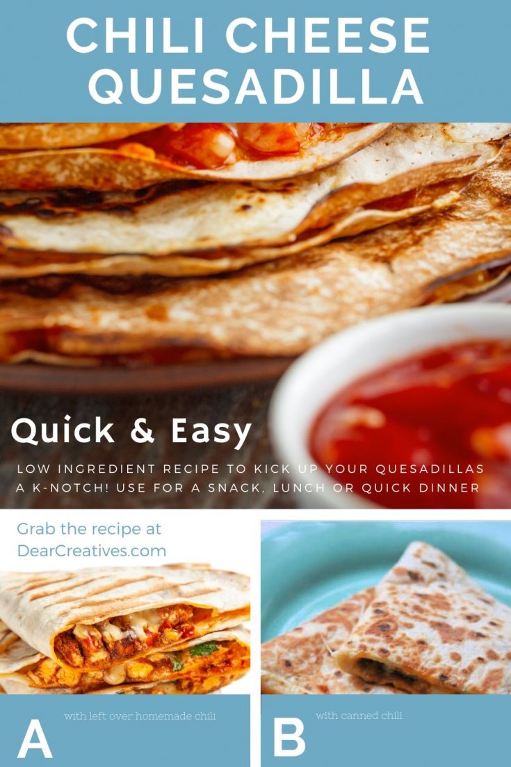Chili Cheese Quesadillas - Quick, easy, low ingredient recipe to kick up your cheese quesadillas a k-notch! Grab the full recipe with instructions and variations at DearCreatives.com
