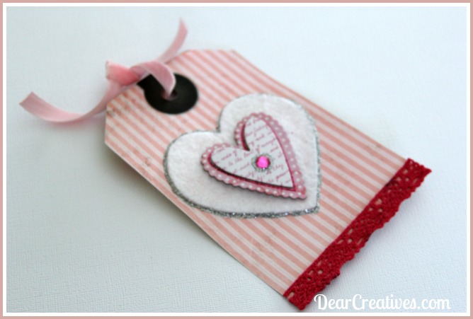 Gift Tag pink with hearts, trim and velvet tie 