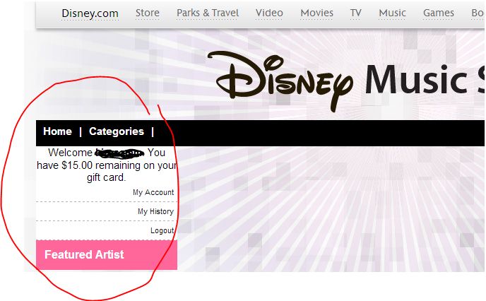 Disney music store screen shot with gift card balance