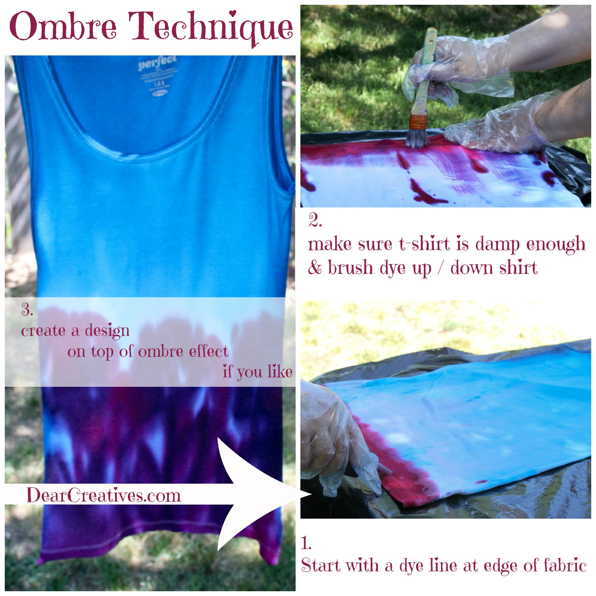 Step by Step Ombre Effect with Completed Tee Shirt - Ombre Tie-Dye Technique. Theresa Huse DearCreatives.com