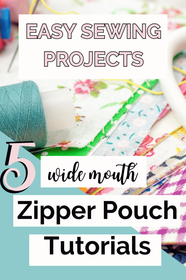 image of cotton sewing fabrics, sewing scissors and thread. with text overlay saying 5 wide mouth zipper pouch tutorials: easy sewing projects, roundup.