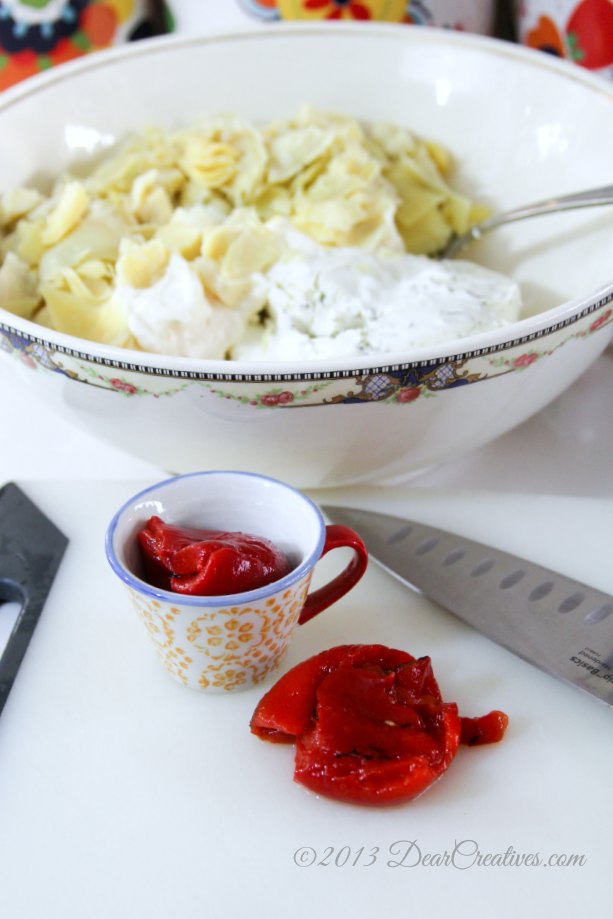 Artichokes_Mayonnaise_Chive Cream Cheese_in a bowl_ red bell peppers on cutting board_Theresa Huse 2013