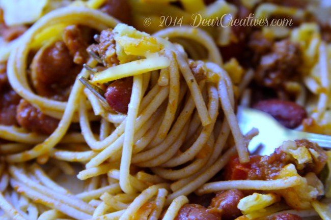 Tex Mex Chili Mac Spaghetti Noodles twirled on a fork_