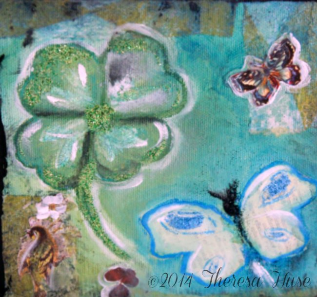 Close Up of Spring Mixed Media Painting with butterflies and four leaf clover_