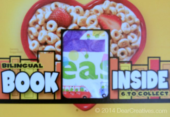 Cheerios box close up with bilingual book