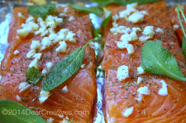 garlic and herbs on raw salmon ready to grill_salmon ready to cook_salmon