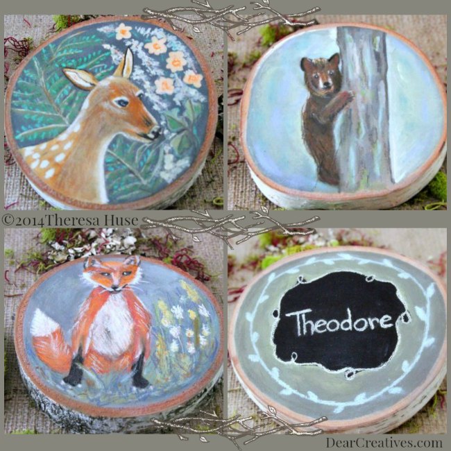 Deer_Fox_Bear_Woodland Paintings on Wood Rounds and child's name painted on wood rounds - DearCreatives.com