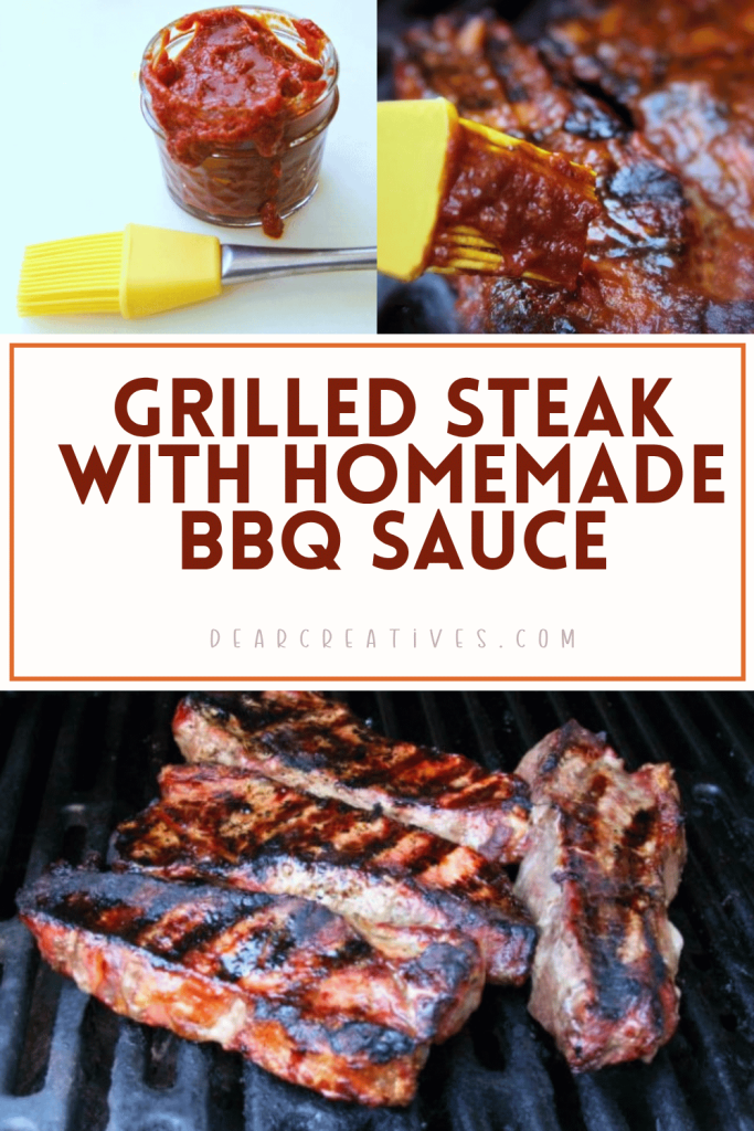 Grilled steak with homemade BBQ sauce collage showing sauce in jar with brush, brushing sauce onto steak, and finished steak on barbecue grill