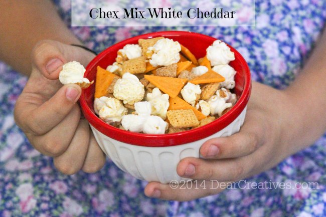 Chex Mix Popped White Cheddar in a bowl_