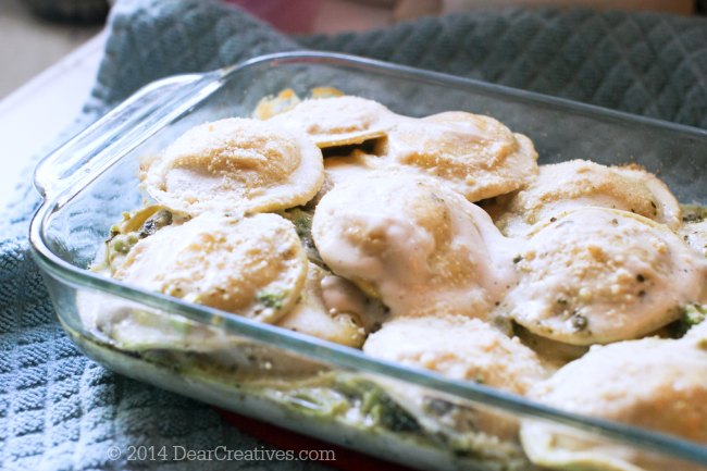 Broccoli Pesto Lasagna in a baking dish_