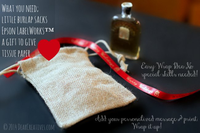 Burlap bag, satin ribbon with message and perfume bottle_ packing idea_© 2014 DearCreatives.com