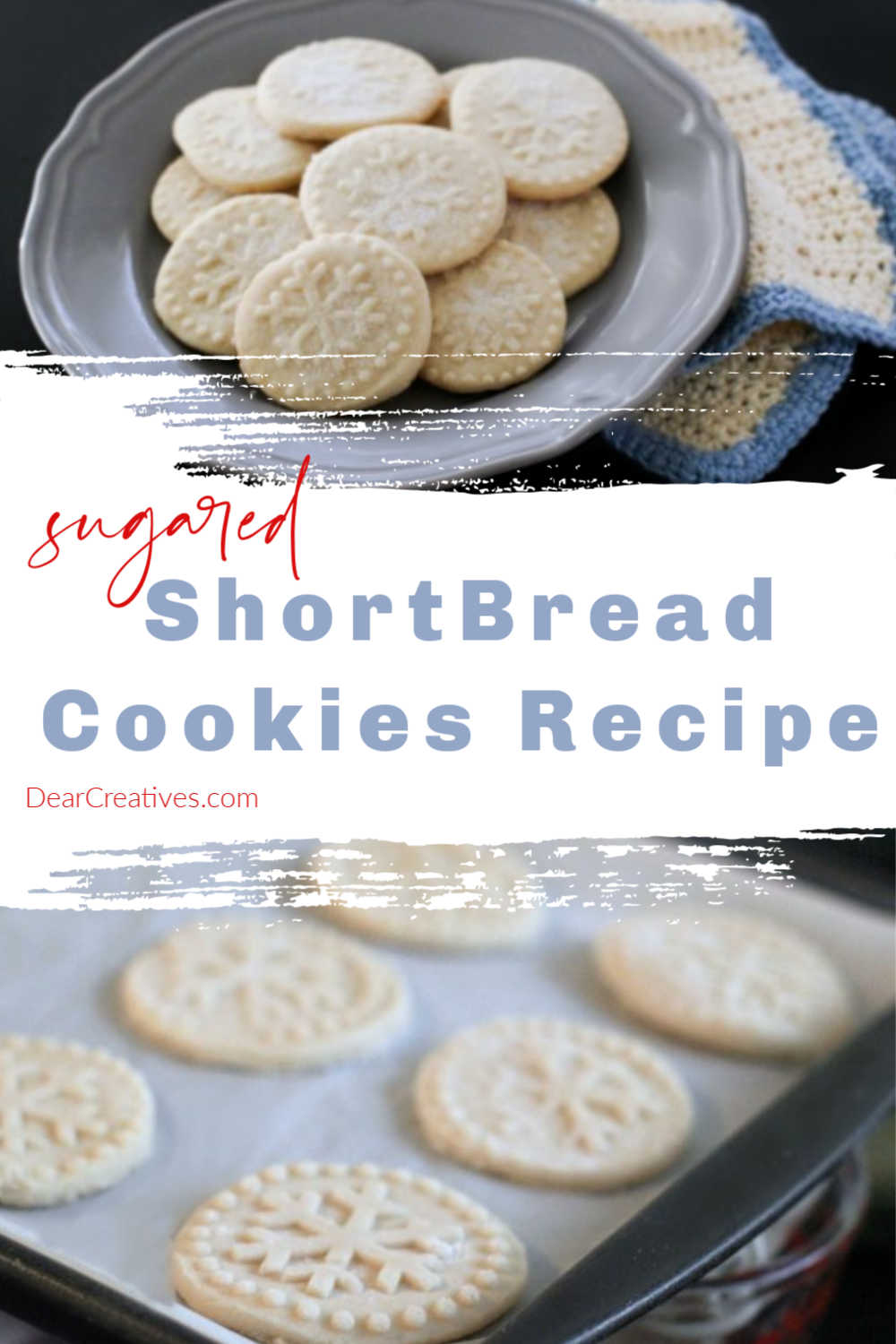 Sugared Shortbread Cookies - You will want to try this shortbread cookies recipe made with or without the sugar sprinkled on top, they are delicious! It's become a family favorite we make over and over for Christmas cookies, holidays and anytime we want shortbread cookies. Vary designs by using different cookie stamps and presses. Find this cookies recipe and more at DearCreatives.com