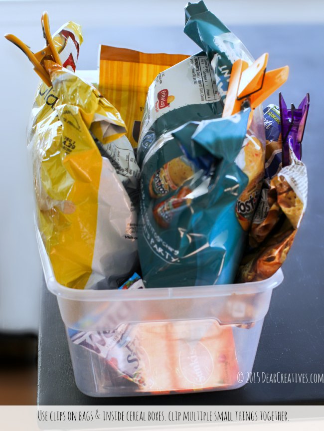 home organization pantry storage tips clips on potato chip bags organized in a container_© 2015 DearCreatives.com