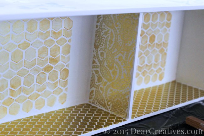 Home Decor Ideas Inside of cupboard that has been stenciled and decoupaged